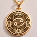 Cancer Crab Astrological Medallion in a gold finish, shown from the front with detailed engraving on the pendant.