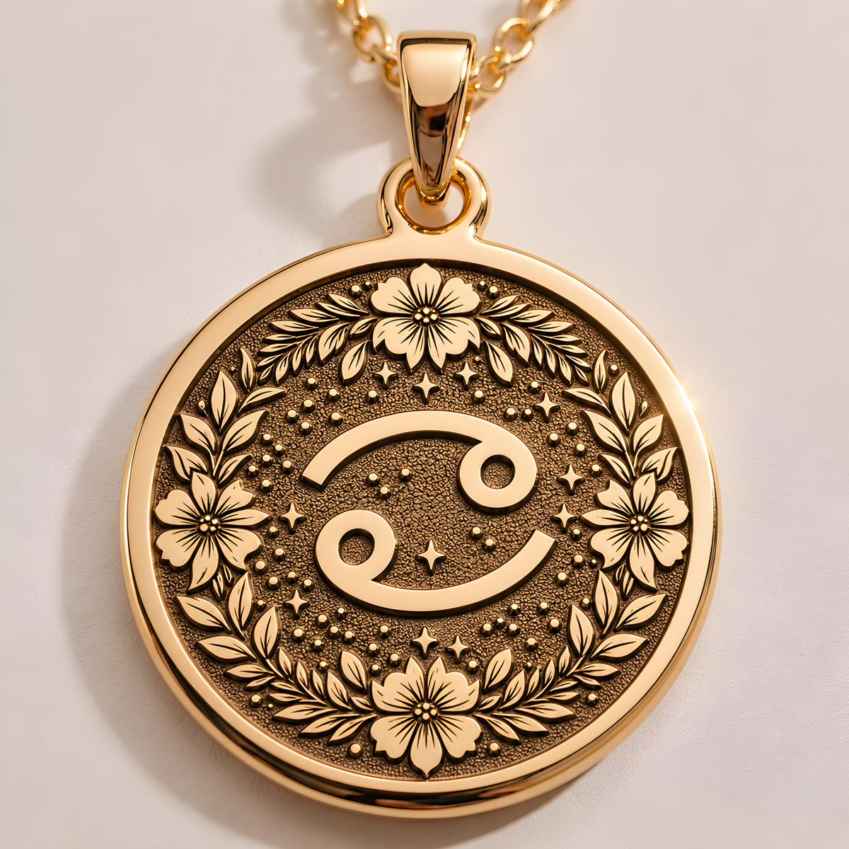 Cancer Crab Astrological Medallion in a gold finish, shown from the front with detailed engraving on the pendant.