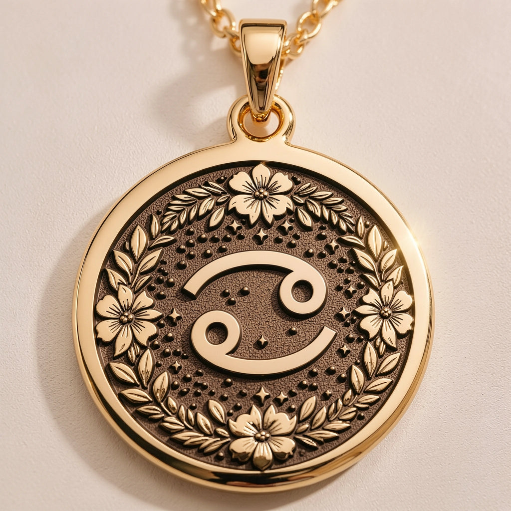 Cancer Crab Astrological Medallion - Zodiac Horoscope Birthdate Jewelry - Görsel 1, 14K gold zodiac