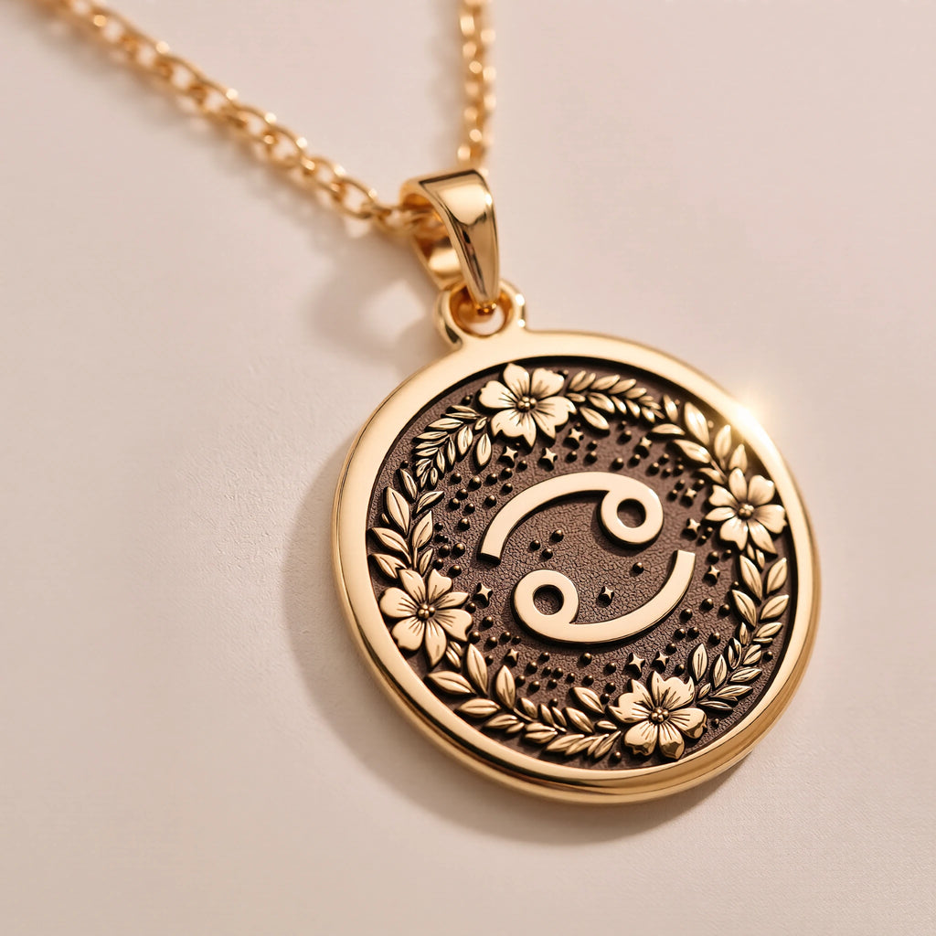 Cancer Crab Astrological Medallion - Zodiac Horoscope Birthdate Jewelry - Görsel 2, 14K gold zodiac