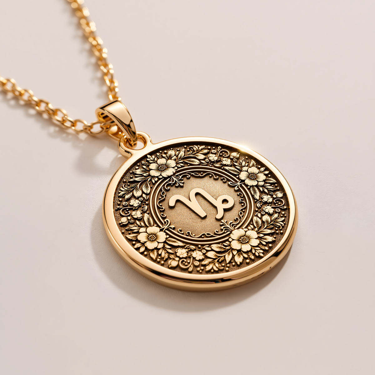 14K Solid Gold Capricorn Floral Wreath Medallion Pendant - Left 45-Degree Angle Profile