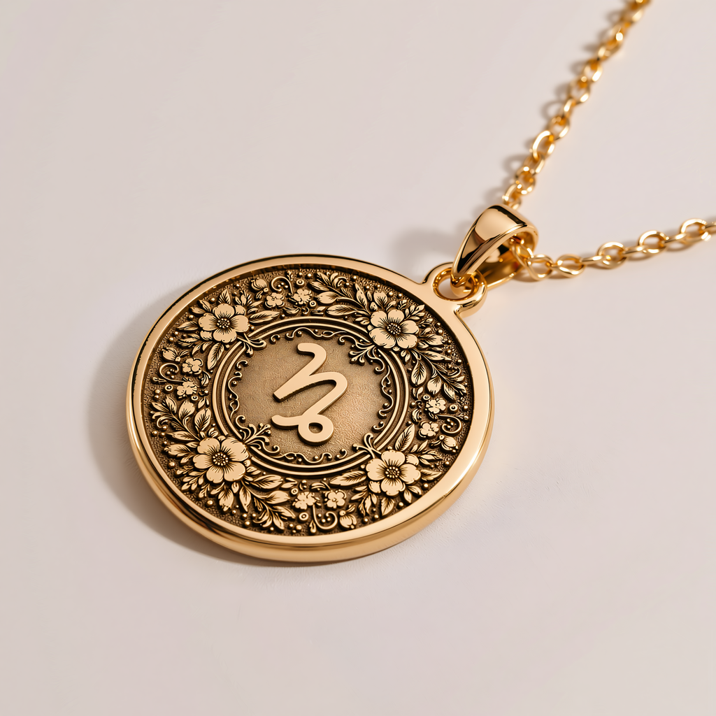 14K Solid Gold Capricorn Floral Wreath Medallion Pendant - Right 45-Degree Angle Profile