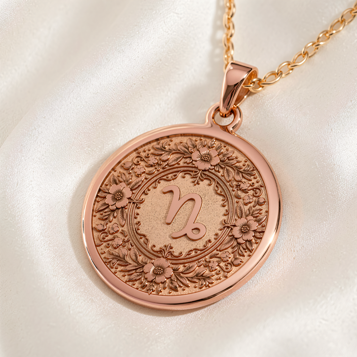 Capricorn Zodiac Astrological Medallion | Silver & Plated Options - Birthdate Jewelry Star Map - 14K Rose Gold Plated Front View