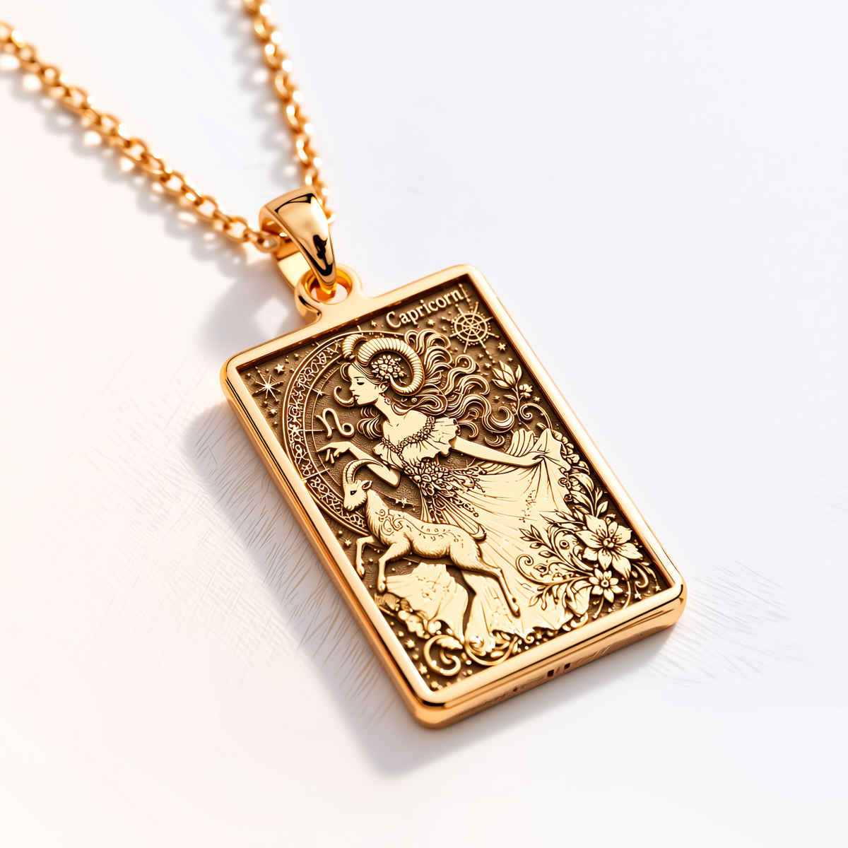 14K Solid Gold Capricorn Rectangular Tarot Ingot Pendant - Left Angle Relief View