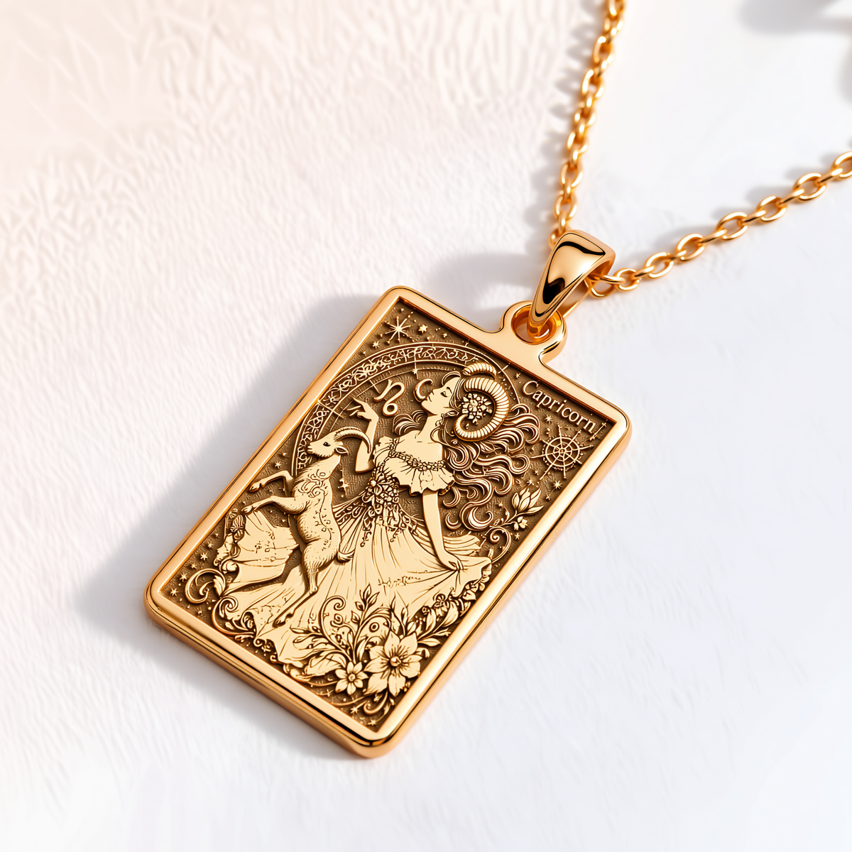 14K Solid Gold Capricorn Rectangular Tarot Ingot Pendant - Right Angle Relief View
