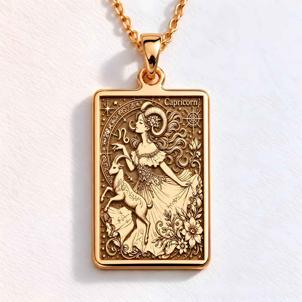 14K Solid Gold Capricorn Rectangular Tarot Ingot Pendant - Front Macro Engraving