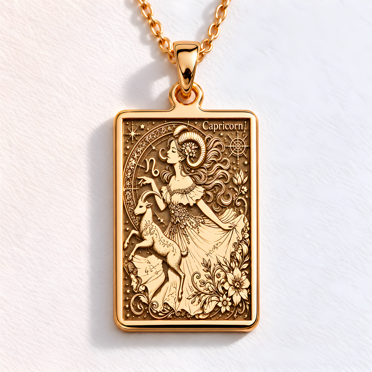 14K Solid Gold Capricorn Rectangular Tarot Ingot Pendant - Front Macro Engraving