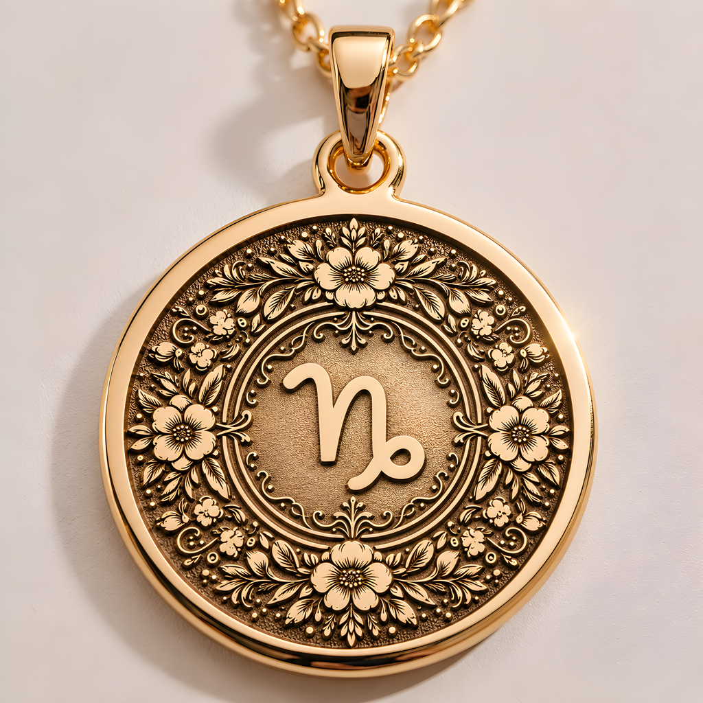 14K Solid Gold Capricorn Floral Wreath Medallion Pendant - Front Macro Engraving