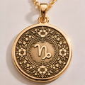 14K Solid Gold Capricorn Floral Wreath Medallion Pendant - Front Macro Engraving