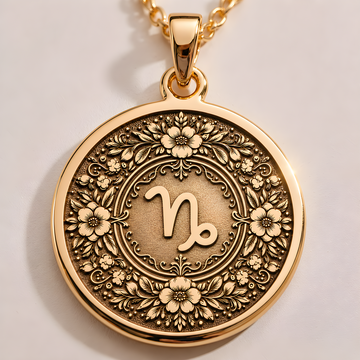 14K Solid Gold Capricorn Floral Wreath Medallion Pendant - Front Macro Engraving