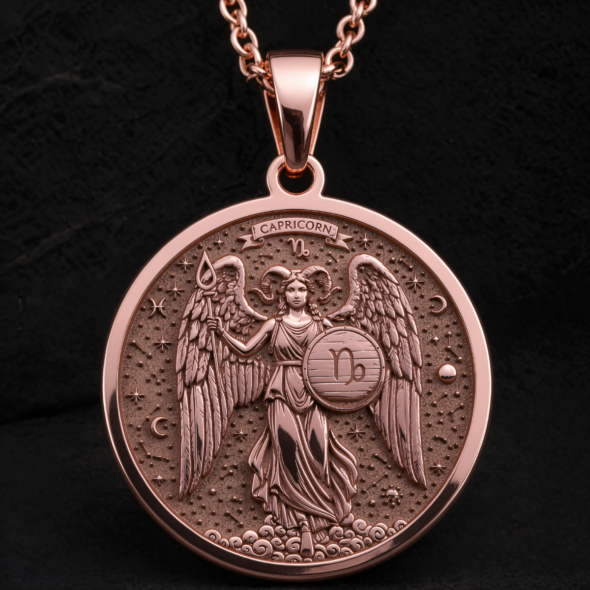 Capricorn Zodiac Medallion Necklace in a polished rose gold finish.