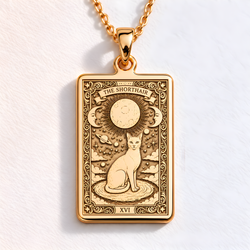 Cat Paw Print Pendant Necklace - Tarot Charm in a gold finish, shown from the front with detailed engraving on the pendant.