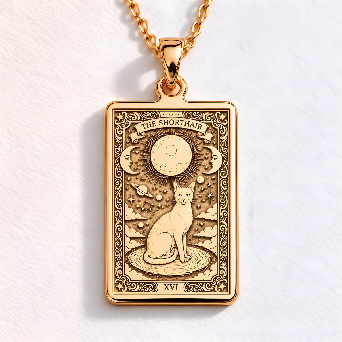 Cat Paw Print Pendant Necklace - Tarot Charm in a gold finish, shown from the front with detailed engraving on the pendant.