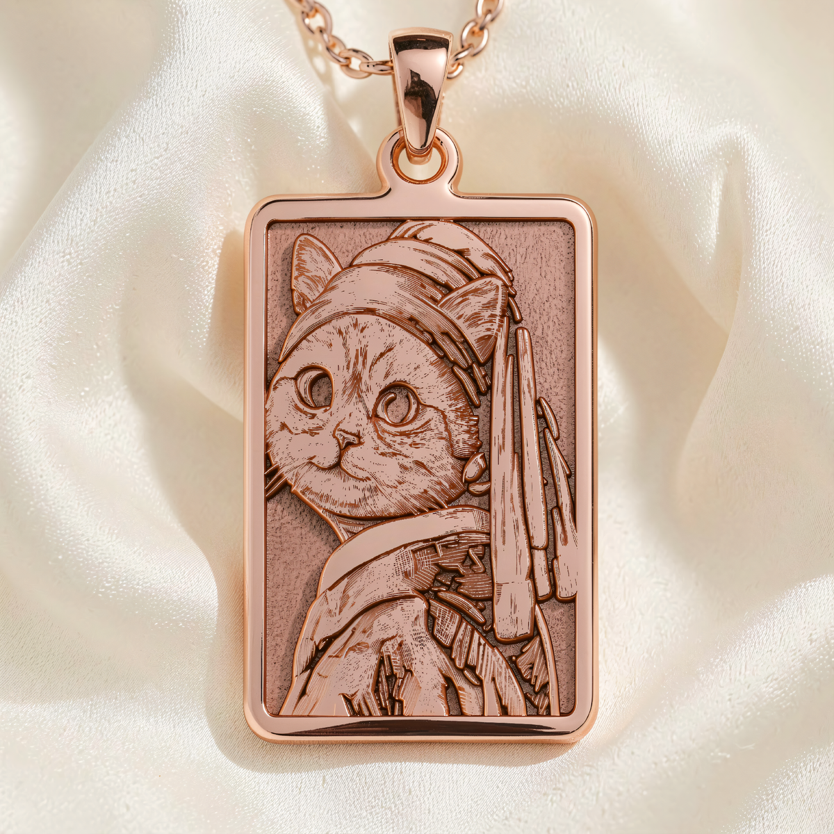 Cat with a Pearl Earring Pendant Necklace - Funny Art Gift - 14K Rose Gold Plated Front View