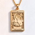 Cat Tarot Rider Waite Amulet Necklace in 14K solid gold. Rectangular pendant features two cats, crescent moon, VI and THE LOVERS.