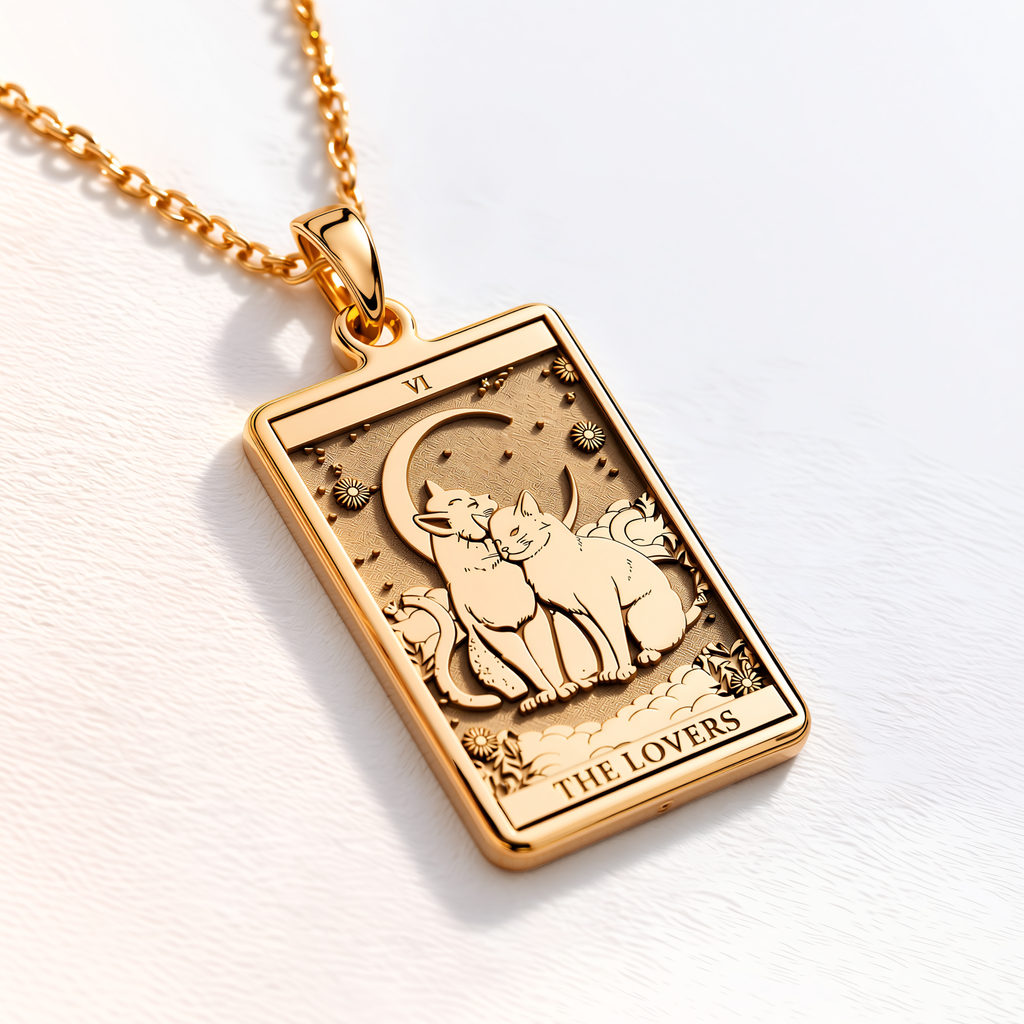 Cat Tarot Rider Waite Amulet Necklace - 14K Solid Gold, Left Angle View