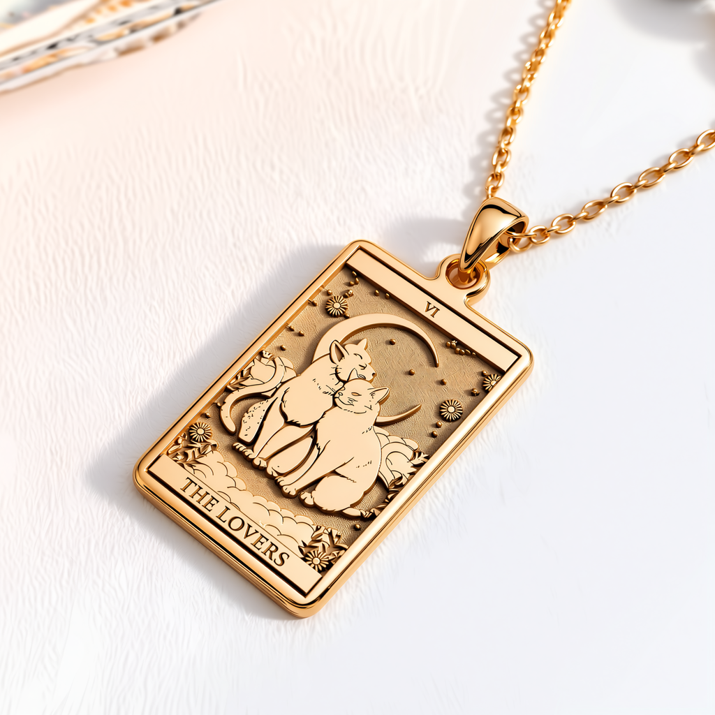 Cat Tarot Rider Waite Amulet Necklace - 14K Solid Gold, Right Angle View