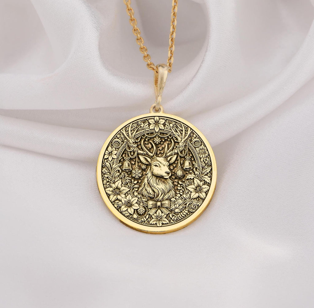Christmas Deer Necklace Necklaces 14K 14K Gold Plated plated pendant featuring a deer face surrounded by intricate floral scrollwork necklace
