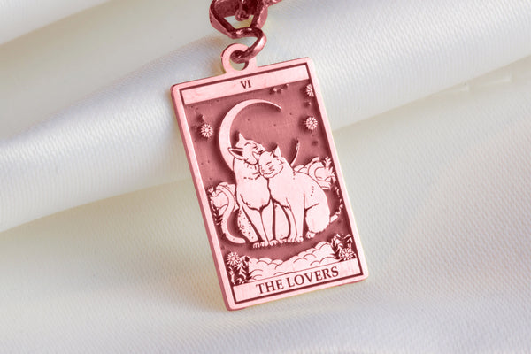 Rose Gold Cat Lovers Tarot Necklace, The Lovers Cat Pendant, Rose Gold Cat Tarot Charm, Feline Couple Necklace, Cat Tarot Card Jewelry, Cat Love Symbol Pendant, Zodiac Cat Lovers Necklace, Handmade Cat Tarot Pendant, Cat Couple Tarot Necklace,