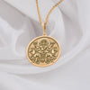 gold Surya necklace featuring a detailed pendant of the Hindu sun god, Surya, with intricate solar rays design. Crafted in real gold 14k gold, this mythological-inspired jewelry piece symbolizes light, energy, and divine protection. Perfect for those seeking Hindu cultural jewelry or a unique sun-themed accessory. The pendant showcases Surya riding his chariot, pulled by seven horses, with lotus flowers in hand, embodying warmth and enlightenment.&quot;