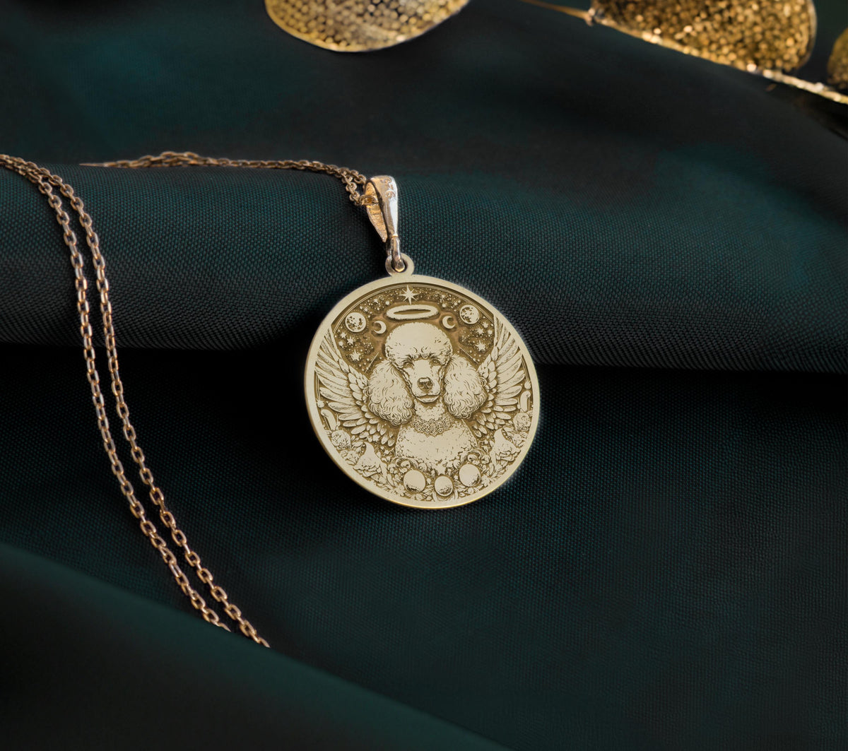 14K Gold Plated Poodle Angel Dog Medallion with memorial symbolism. Detailed elegant breed angel pendant with wings, halo and celestial elements. Beautiful rainbow bridge jewelry gift representing eternal bond with departed beloved Poodle companion.