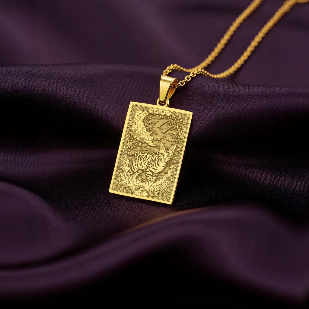 A polished 14K solid gold Bengal Cat medallion. This fine pet jewelry represents the breed's energetic spirit, a perfect cat lover gift.