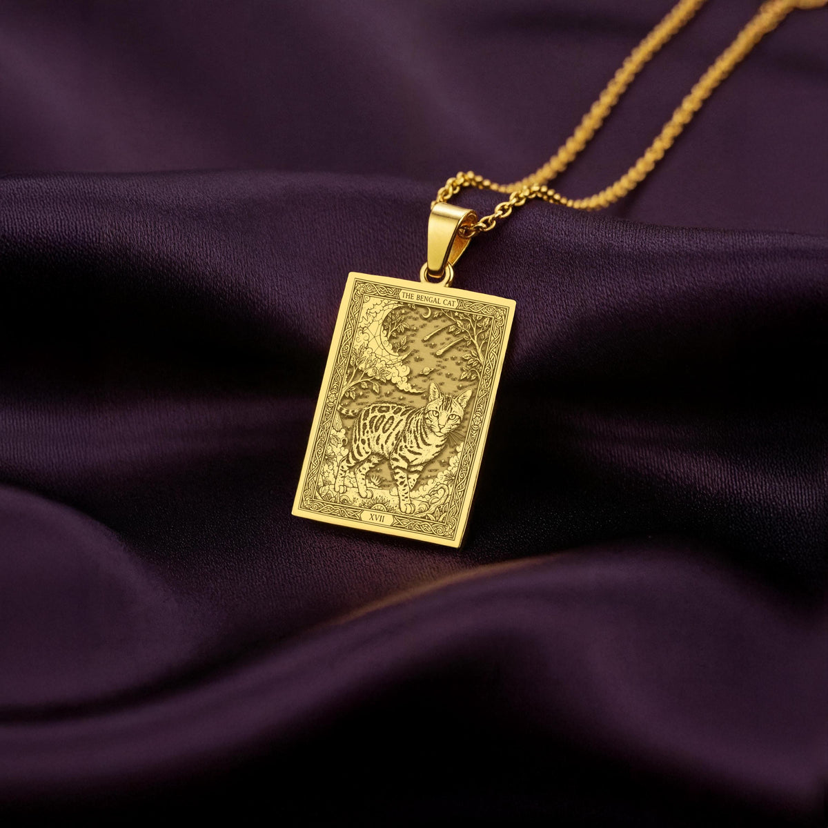 A polished 14K solid gold Bengal Cat medallion. This fine pet jewelry represents the breed's energetic spirit, a perfect cat lover gift.