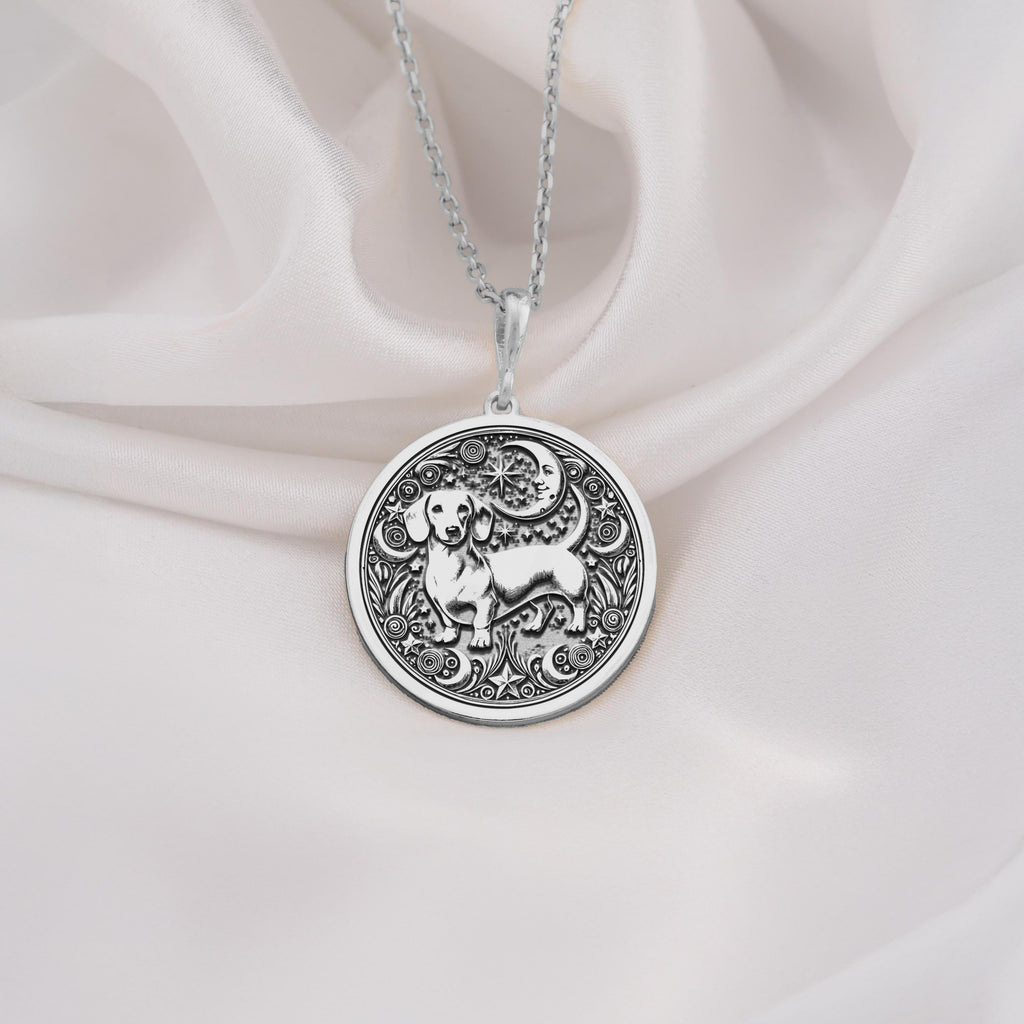Whimsical 925 Sterling Silver dachshund medallion with a celestial backdrop. Perfect for sausage dog lovers and pet-themed jewelry fans.