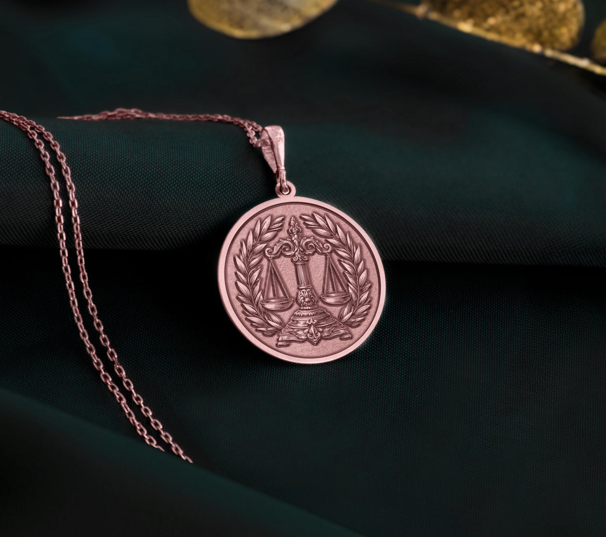 Rose gold-plated Scales of Justice Necklace, personalized with initials or date. Ideal gift for lawyers, symbolizes law, balance, justice, equality. Perfect for law professionals, advocates, and Libra zodiac. Custom jewelry.