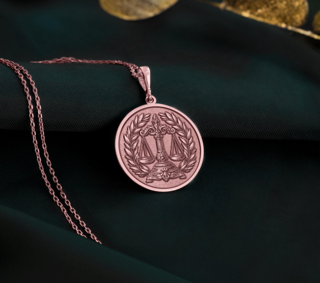 Rose gold-plated Scales of Justice Necklace, personalized with initials or date. Ideal gift for lawyers, symbolizes law, balance, justice, equality. Perfect for law professionals, advocates, and Libra zodiac. Custom jewelry.