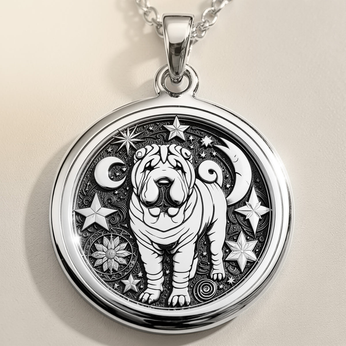 925 Sterling Silver Celestial Shar Pei Medallion showcasing beloved Chinese breed with distinctive wrinkled features surrounded by moon, stars and cosmic elements. Detailed celestial coin pendant. Premium Shar Pei jewelry symbolizing mystical protect
