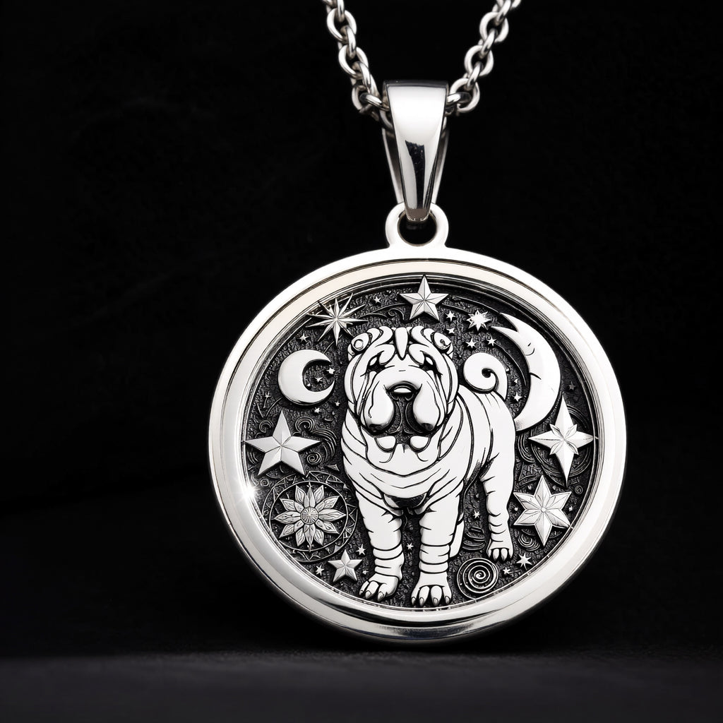925 Sterling Silver Celestial Shar Pei Medallion showcasing beloved Chinese breed with distinctive wrinkled features surrounded by moon, stars and cosmic elements. Detailed celestial coin pendant. Premium Shar Pei jewelry symbolizing mystical protect