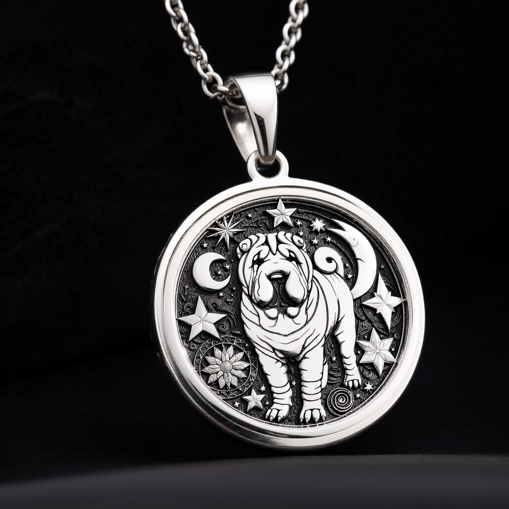 925 Sterling Silver Celestial Shar Pei Medallion showcasing beloved Chinese breed with distinctive wrinkled features surrounded by moon, stars and cosmic elements. Detailed celestial coin pendant. Premium Shar Pei jewelry symbolizing mystical protect