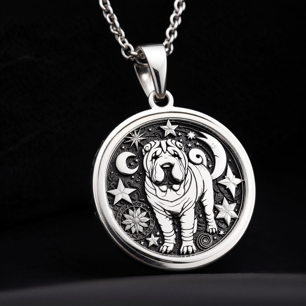 925 Sterling Silver Celestial Shar Pei Medallion showcasing beloved Chinese breed with distinctive wrinkled features surrounded by moon, stars and cosmic elements. Detailed celestial coin pendant. Premium Shar Pei jewelry symbolizing mystical protect