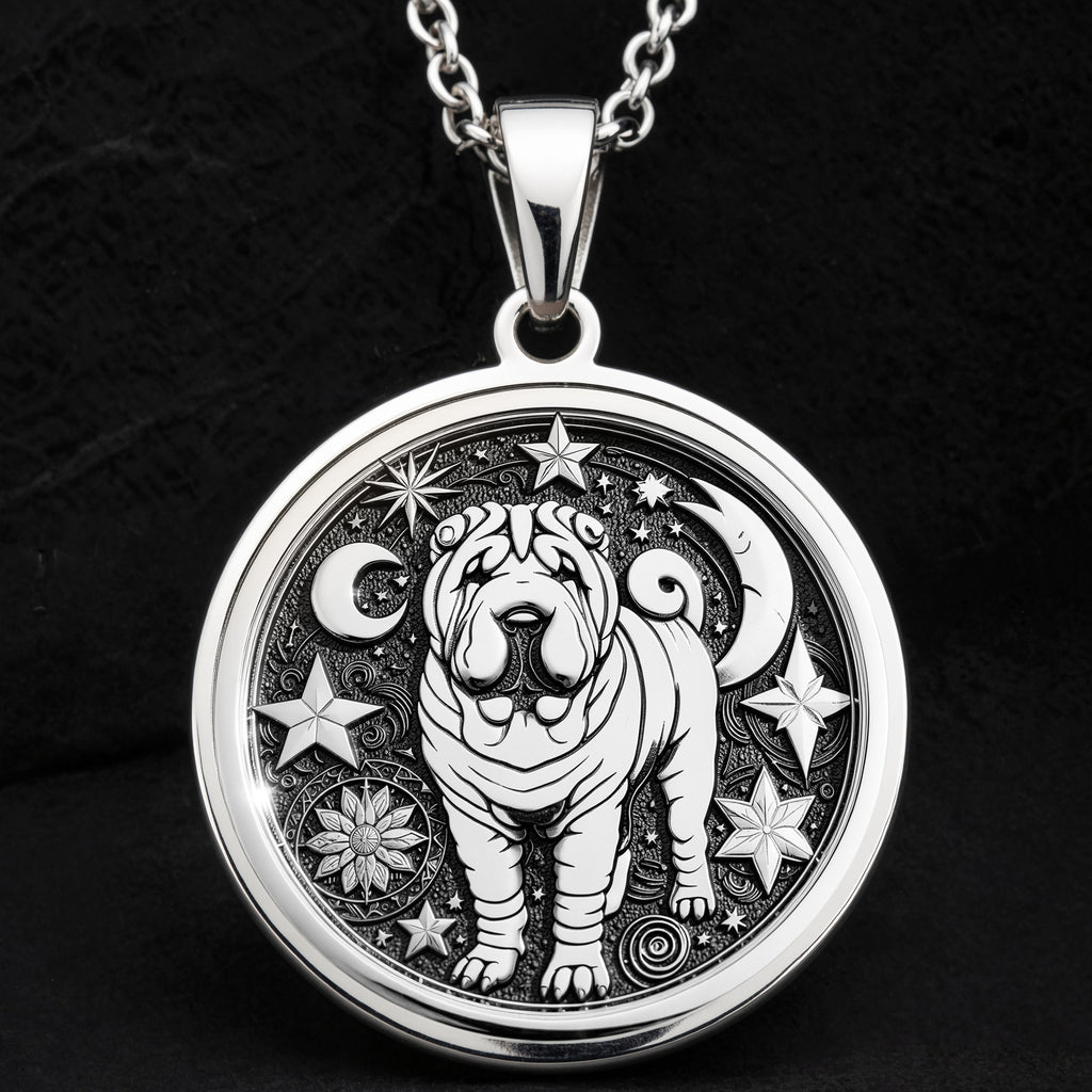 925 Sterling Silver Celestial Shar Pei Medallion showcasing beloved Chinese breed with distinctive wrinkled features surrounded by moon, stars and cosmic elements. Detailed celestial coin pendant. Premium Shar Pei jewelry symbolizing mystical protection.