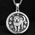 925 Sterling Silver Celestial Shar Pei Medallion showcasing beloved Chinese breed with distinctive wrinkled features surrounded by moon, stars and cosmic elements. Detailed celestial coin pendant. Premium Shar Pei jewelry symbolizing mystical protection.