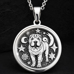 925 Sterling Silver Celestial Shar Pei Medallion showcasing beloved Chinese breed with distinctive wrinkled features surrounded by moon, stars and cosmic elements. Detailed celestial coin pendant. Premium Shar Pei jewelry symbolizing mystical protection.