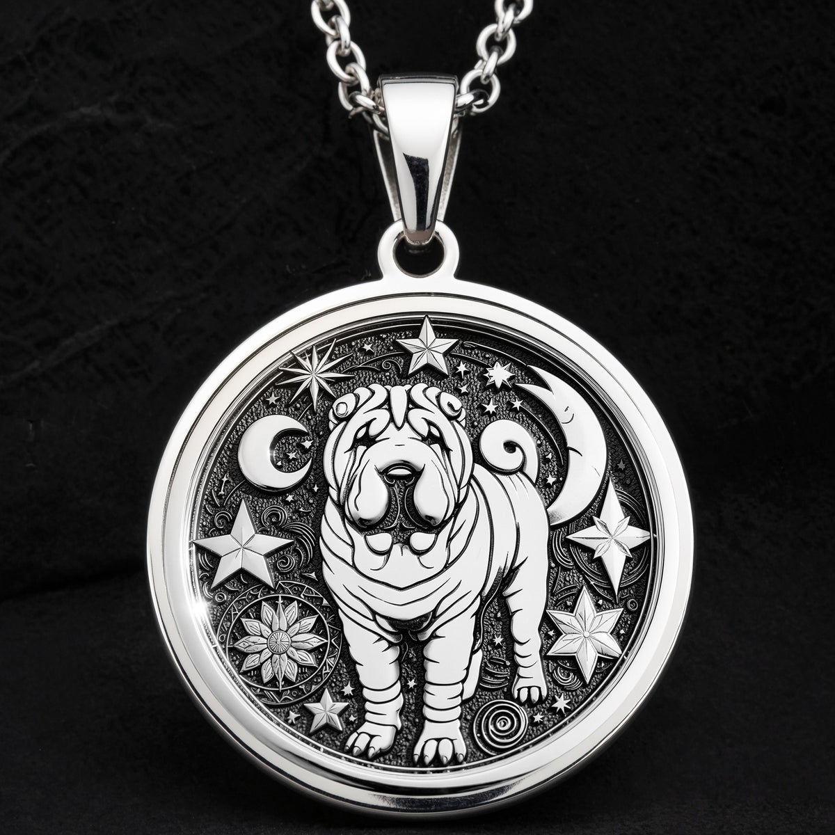 925 Sterling Silver Celestial Shar Pei Medallion showcasing beloved Chinese breed with distinctive wrinkled features surrounded by moon, stars and cosmic elements. Detailed celestial coin pendant. Premium Shar Pei jewelry symbolizing mystical protection.