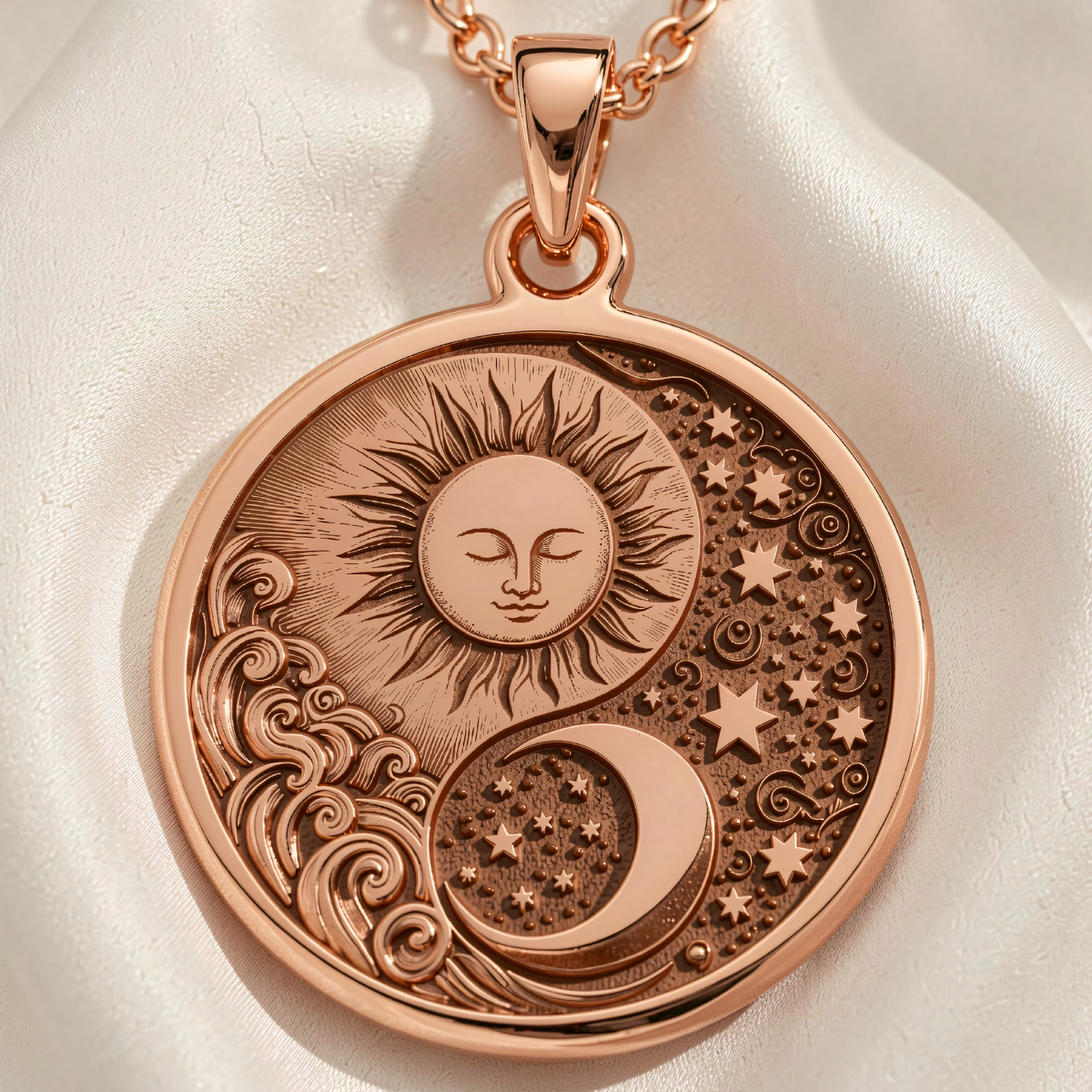 Celestial Sun Moon Yin Yang Pendant in 14K rose gold plated, front view with engraved sun, crescent moon, stars and waves.