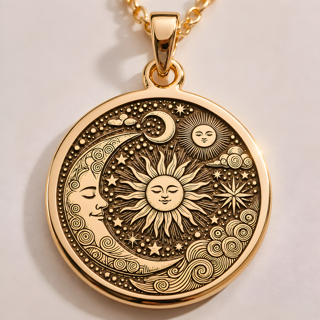14k gold celestial necklace featuring a handmade sun and moon pendant, personalized astrology jewelry, perfect for gifts, elegant and timeless design.