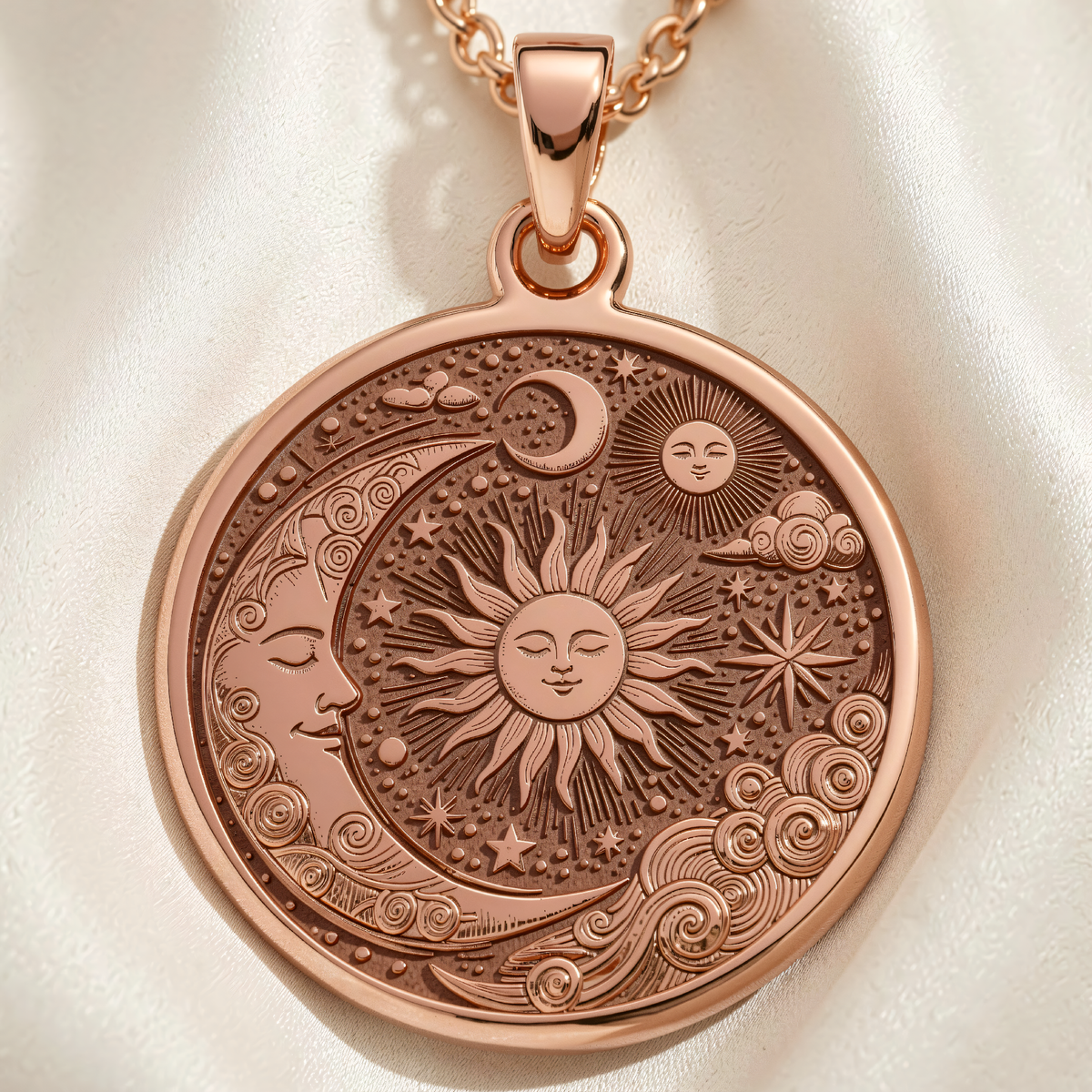 Personalized Celestial Sun & Moon Pendant | Silver & Plated Options - Astrological Sign Guiding Light - 14K Rose Gold Plated Front View