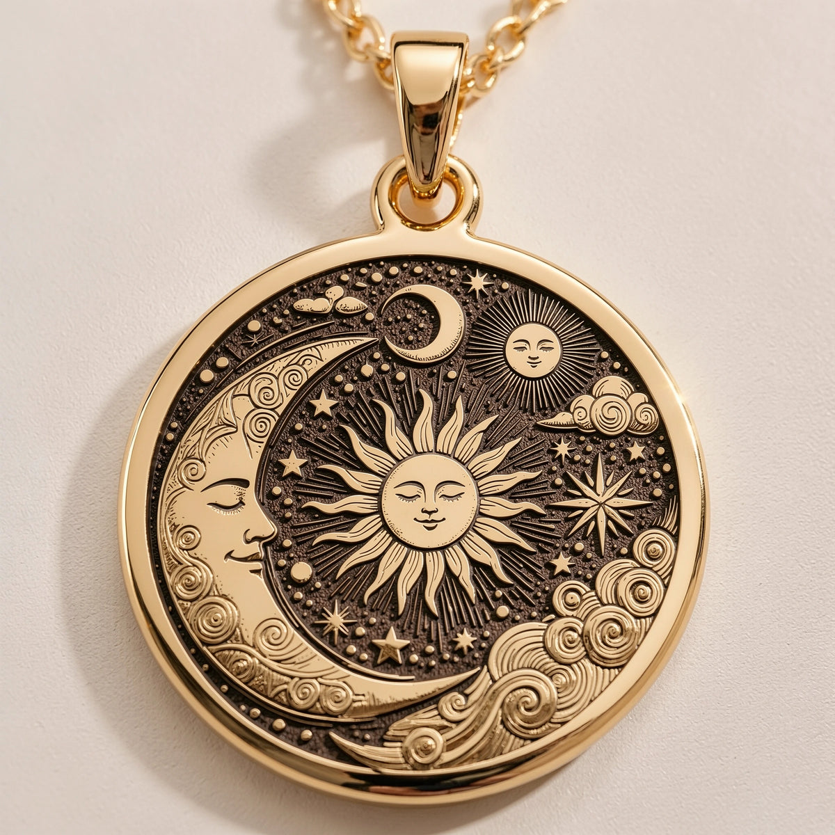 Gold plated pendant featuring a circular design with a sun and moon motif. The design is detailed with intricate line work and a textured surface finish, viewed from the front. It is attached to a gold chain.