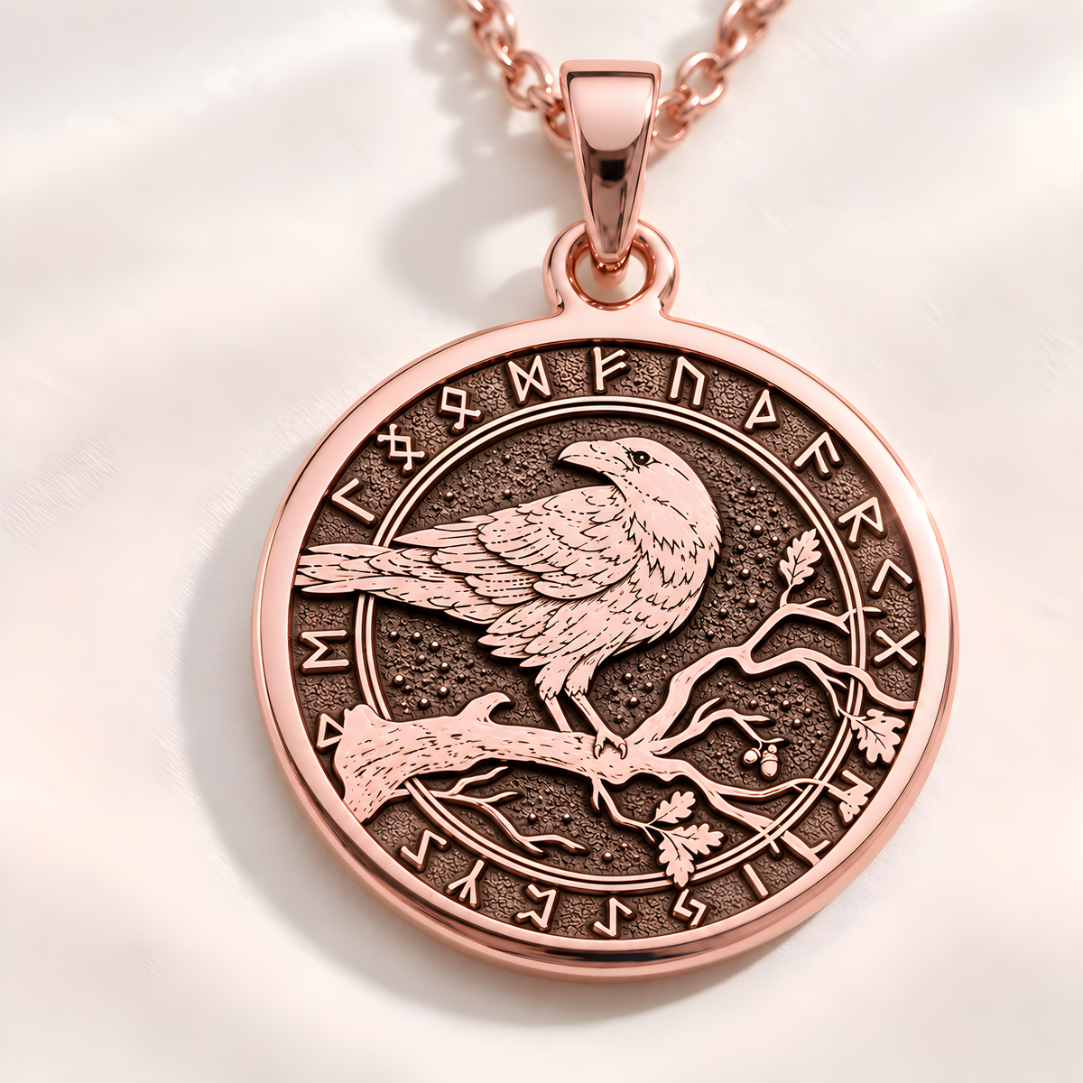 Celtic Raven Mystic Bird Medallion Necklace - 14K Rose Gold Plated