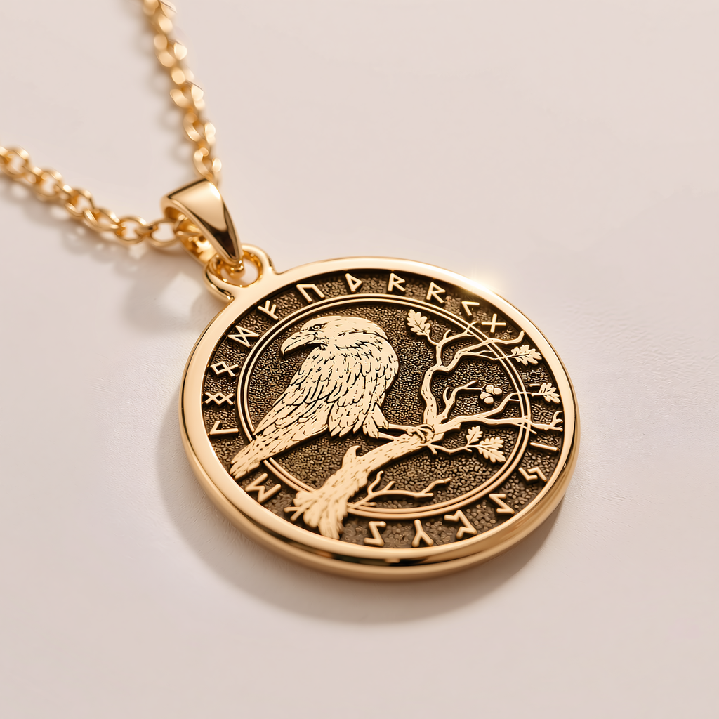 Celtic Raven Mystic Bird Medallion Necklace - 14K Solid Gold, Left Angle View