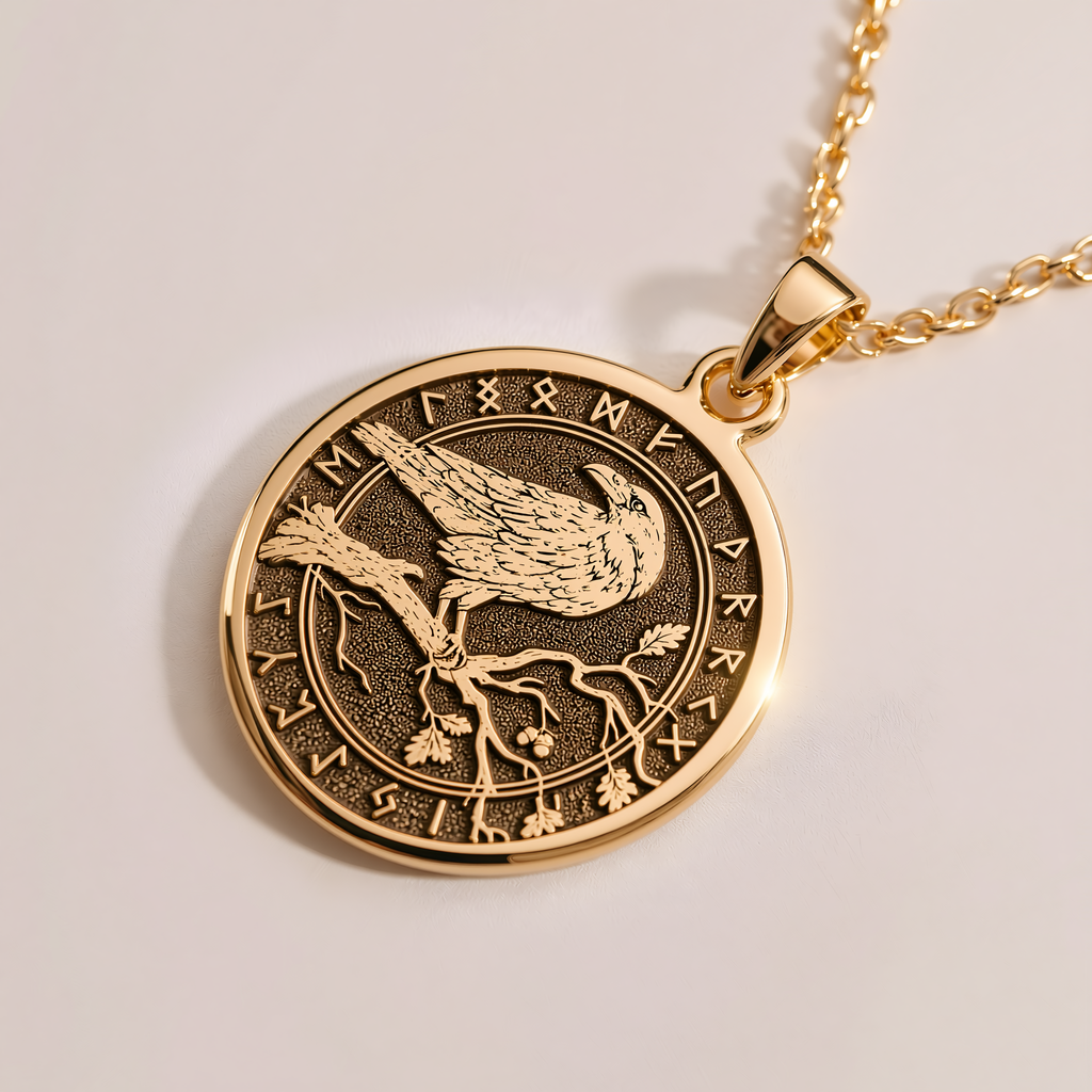 Celtic Raven Mystic Bird Medallion Necklace - 14K Solid Gold, Right Angle View