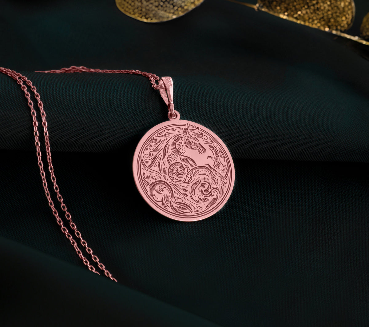 Line Art Horse Stallion Pendant Necklaces 14K Rose 14K 14K Rose Gold Plated pendant necklace featuring swirling organic scrollwork design on a round disc.