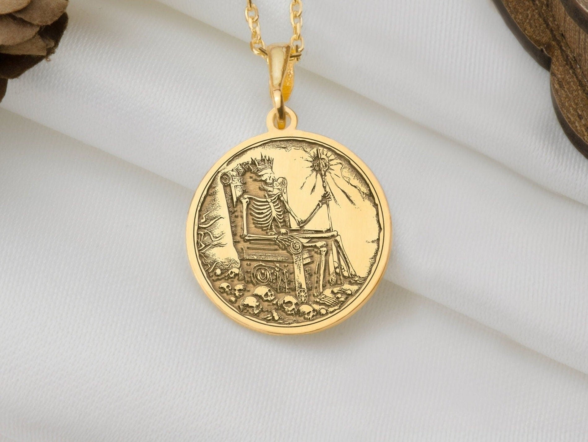 Skeleton king Charm Necklace, Undead Silver Pendant, Rose Gold Throne Necklace, Royal Jewelry, Undead King Medallion, Throne Charm