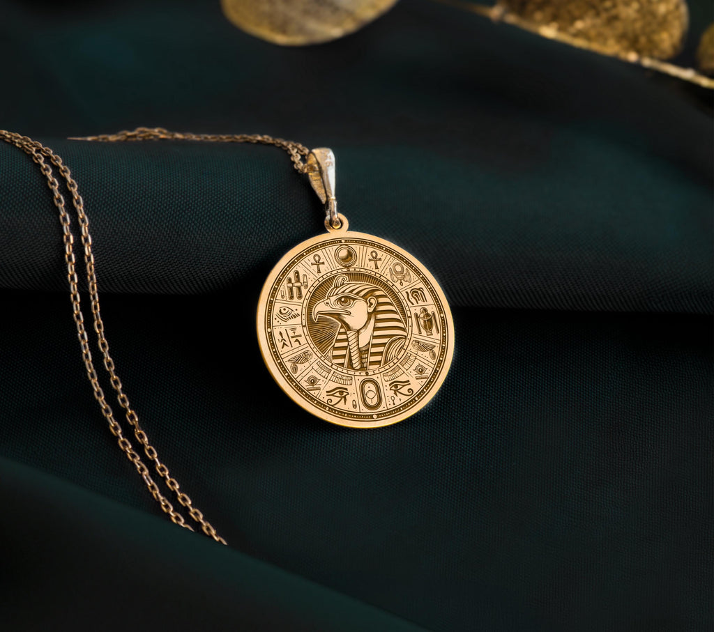 14k Gold Eye of Horus Coin Pendant, mystical ancient Egypt amulet for protection and power, handmade dainty jewelry for women and men, available in gold, silver, and rose gold, disc medallion, perfect gift idea.