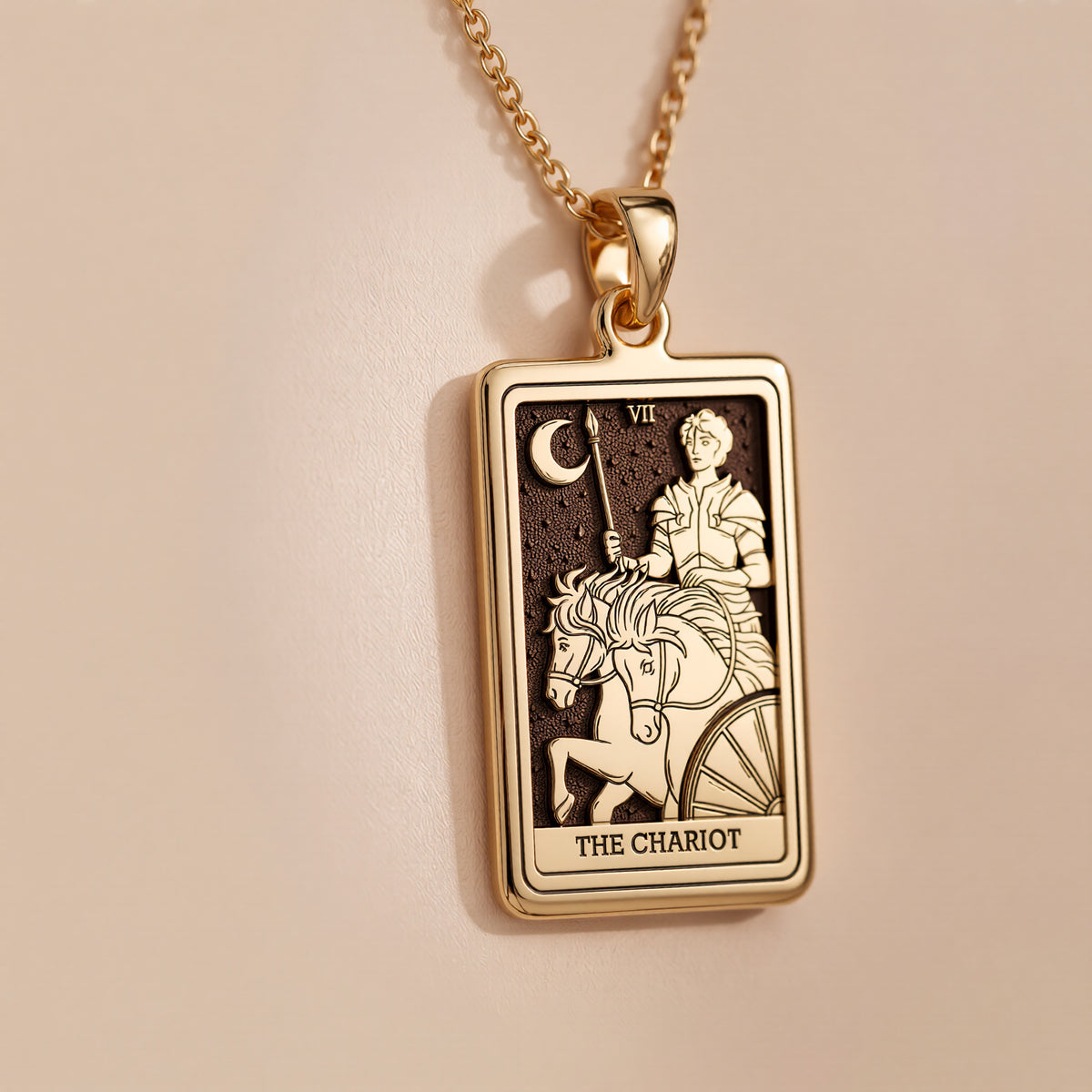 Chariot Sphinx Tarot Pendant Necklaces 14K 14K Gold Plated pendant featuring a vintage chariot design with a crescent moon and Roman numeral VII.