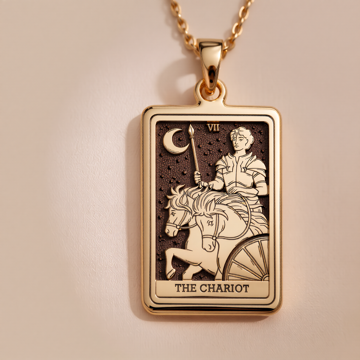 Chariot Sphinx Tarot Pendant Necklaces 14K 14K Gold Plated rectangular pendant featuring the chariot design and crescent moon motif necklace